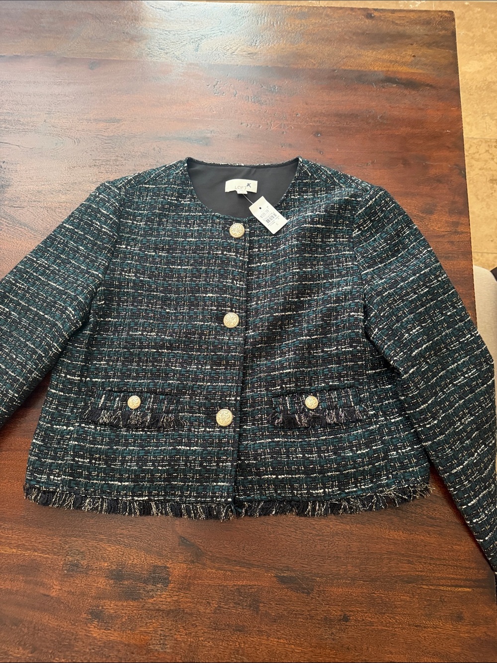 LOFT Teal & Black Tweed Button-Front Cropped Jacket
